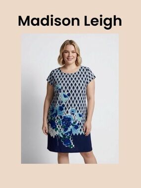 Madison Leigh Navy and Aqua Floral Geometric Shift Dress Size 3X NWOT